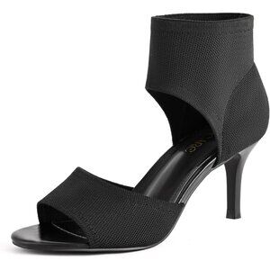 Sicare Peep Toe Heels Black Faux Leather Women Wide Stretchy Knit Heel Sandal